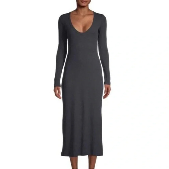 Standard James Perse Waffle Knit Long Sleeve Maxi Dress Abyss Dark Grey 1 Cozy - Picture 1 of 9